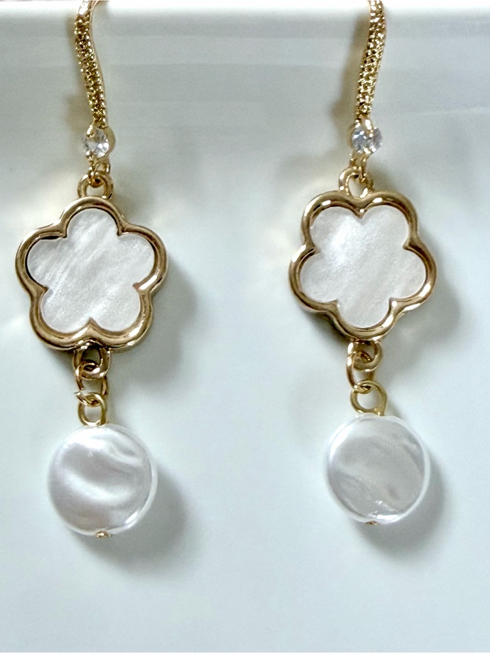 Gold and White Flower Drop Earrings - Women's Jewelry
